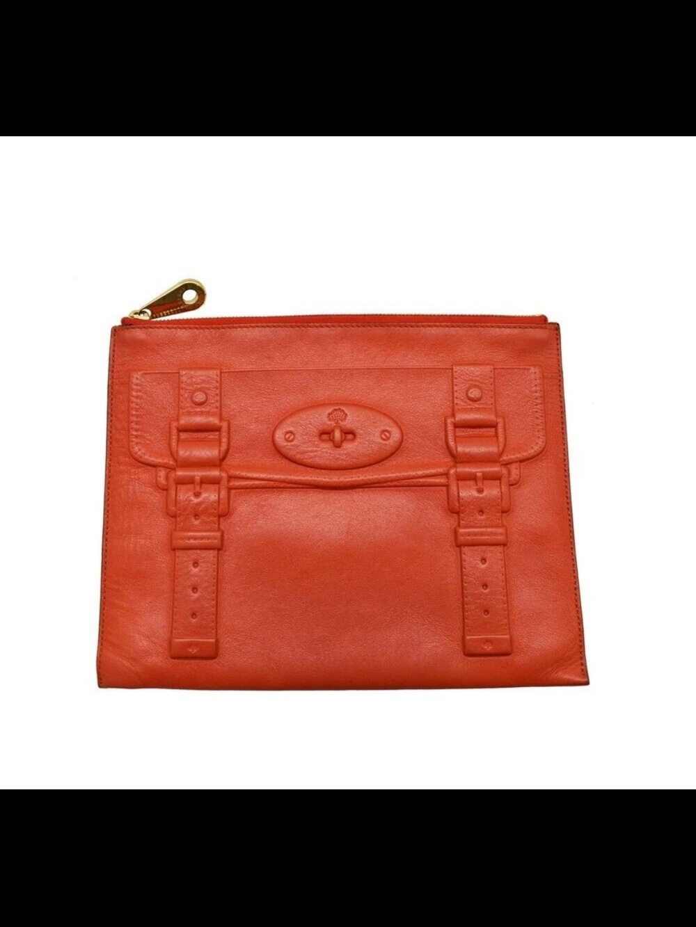 Mulberry Orange Leather Zip Clutch with Embossed Strap Detail